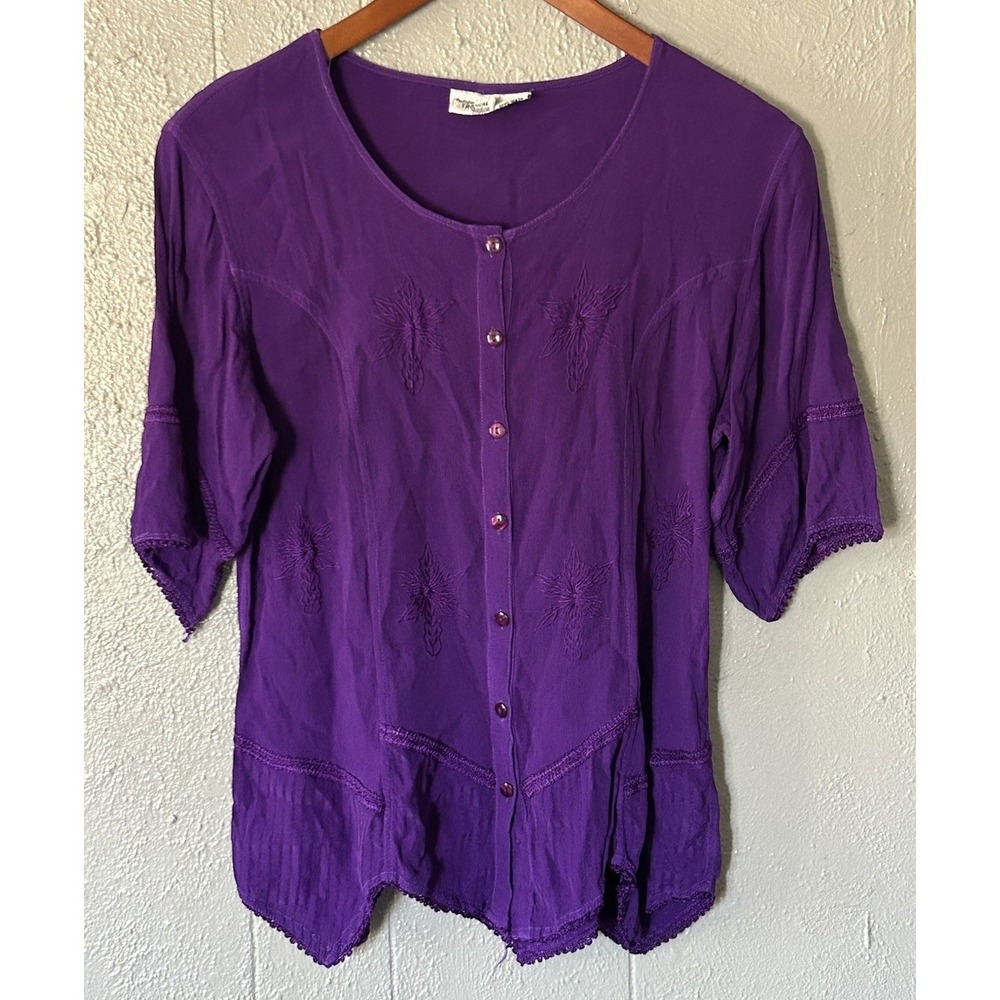 Women's Indian Tropical Fashion Purple Rayon Button Blouse Size L Whimsigoth 90s
